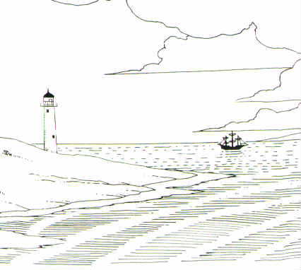 ship off shore of a lighthouse art work from Paths of Destiny